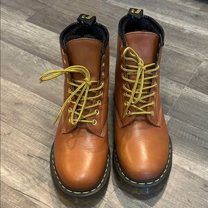 Dr. Martens Brown Leather Lace-Up Boots with Yellow Laces